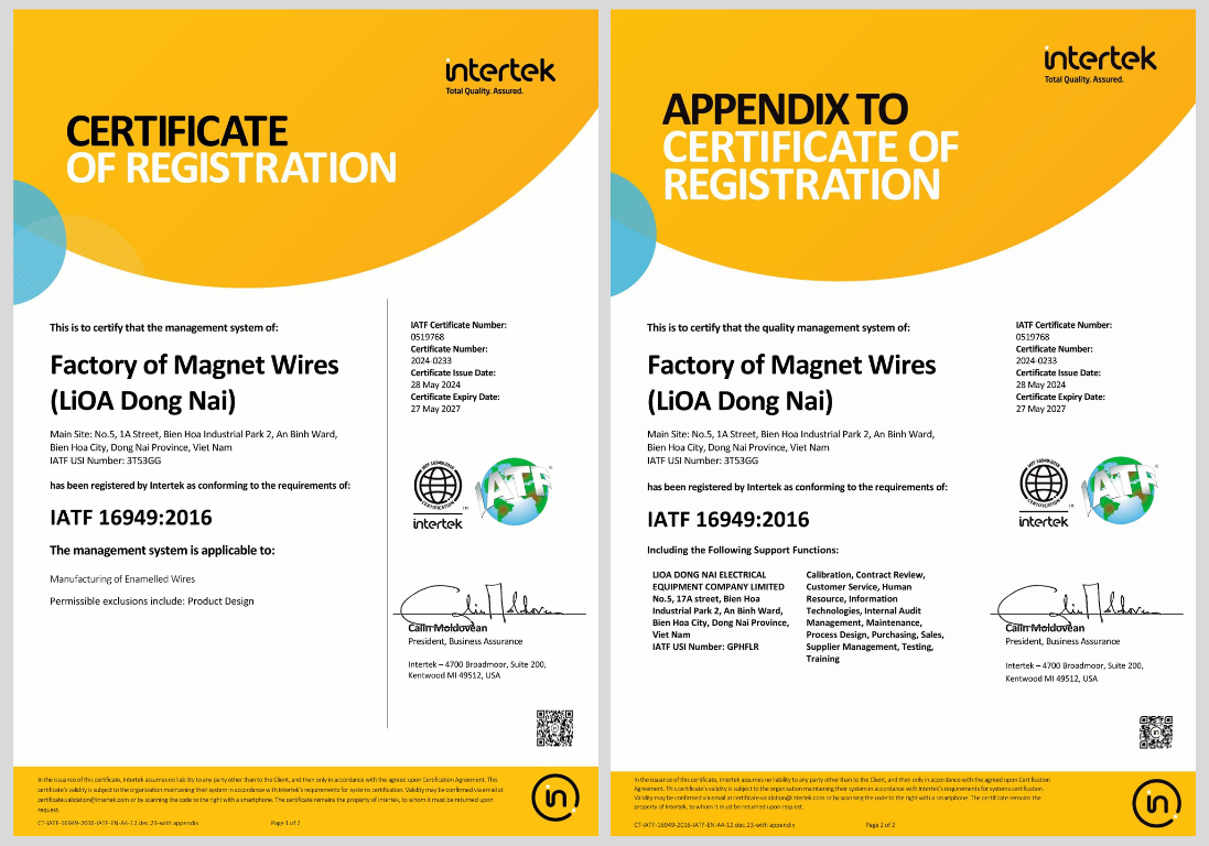 IATF 16949:2016 Certificate - Factory of Magnet Wires (LiOA Dong Nai)