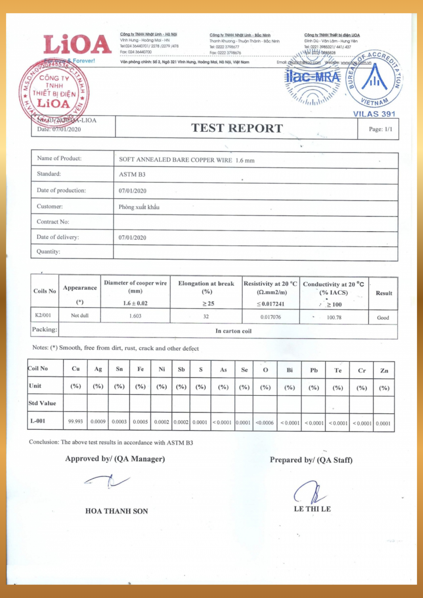 Copper Drawn Wire - Test Report 1