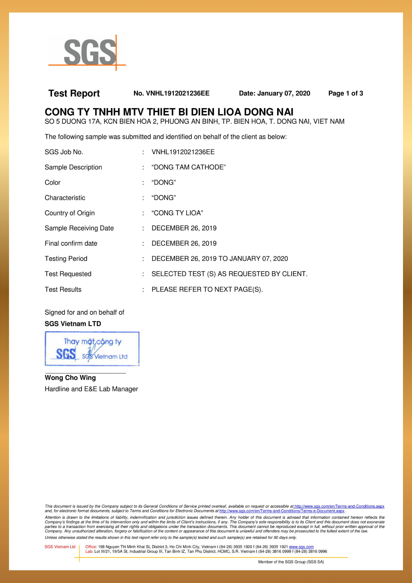 SGS Cert Copper Cathode - Page 1